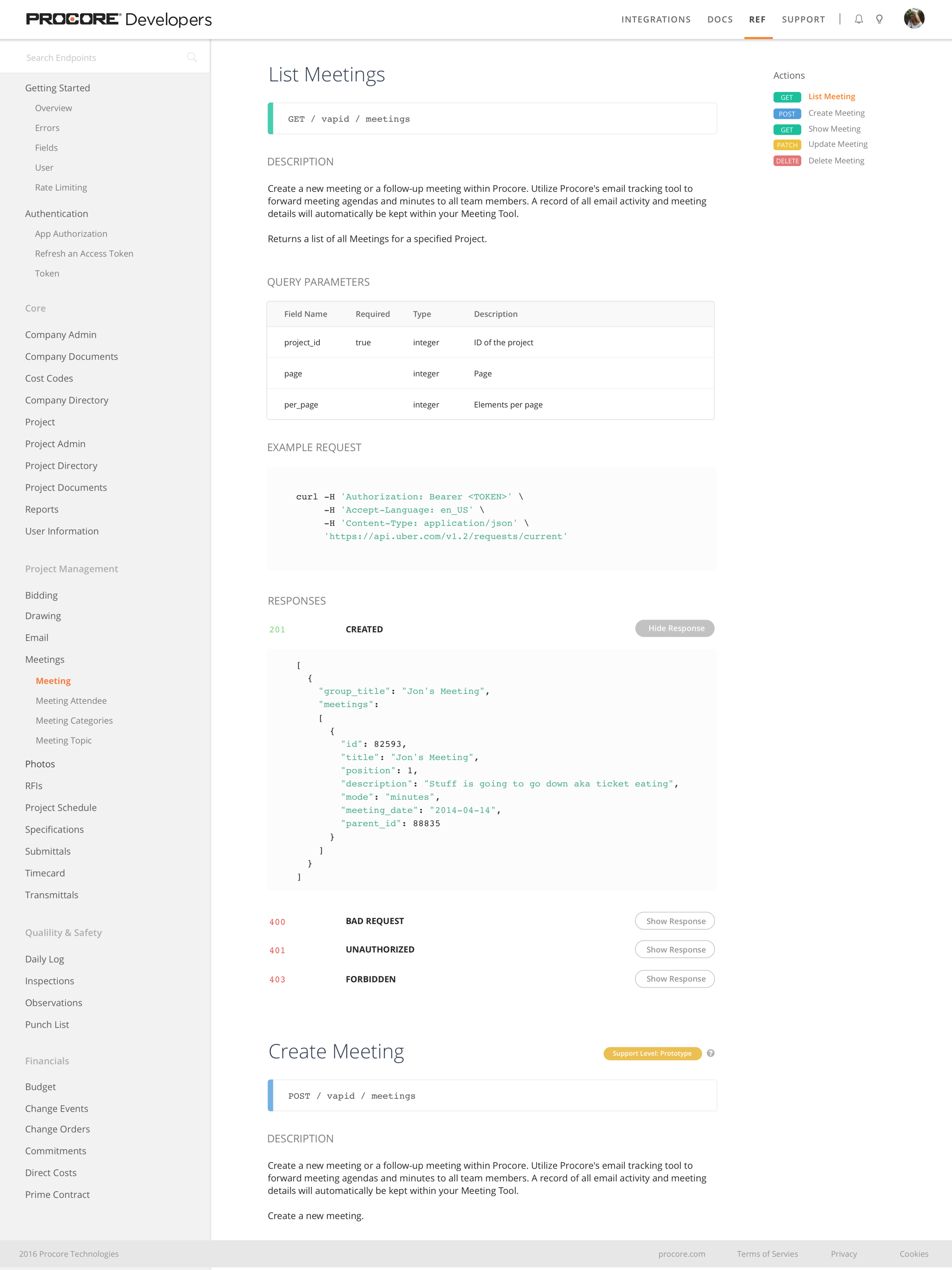 Reference page of the developer.procore.com website.