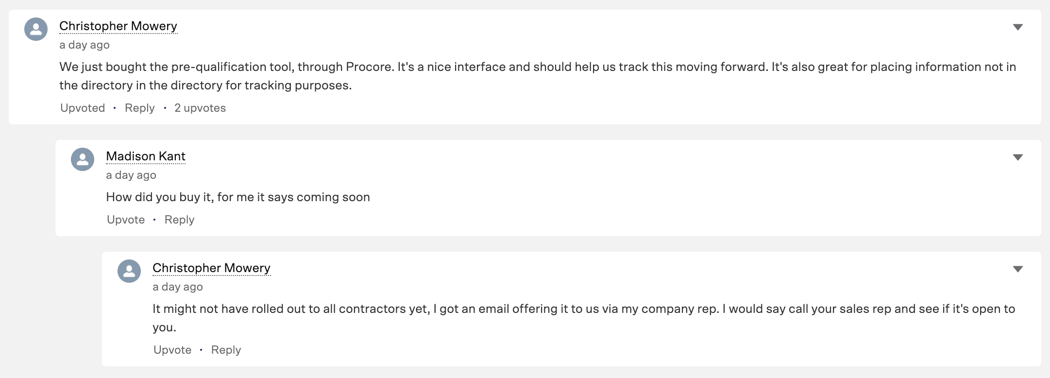 A few clients speaking about the Prequalification product on “Procore Community”