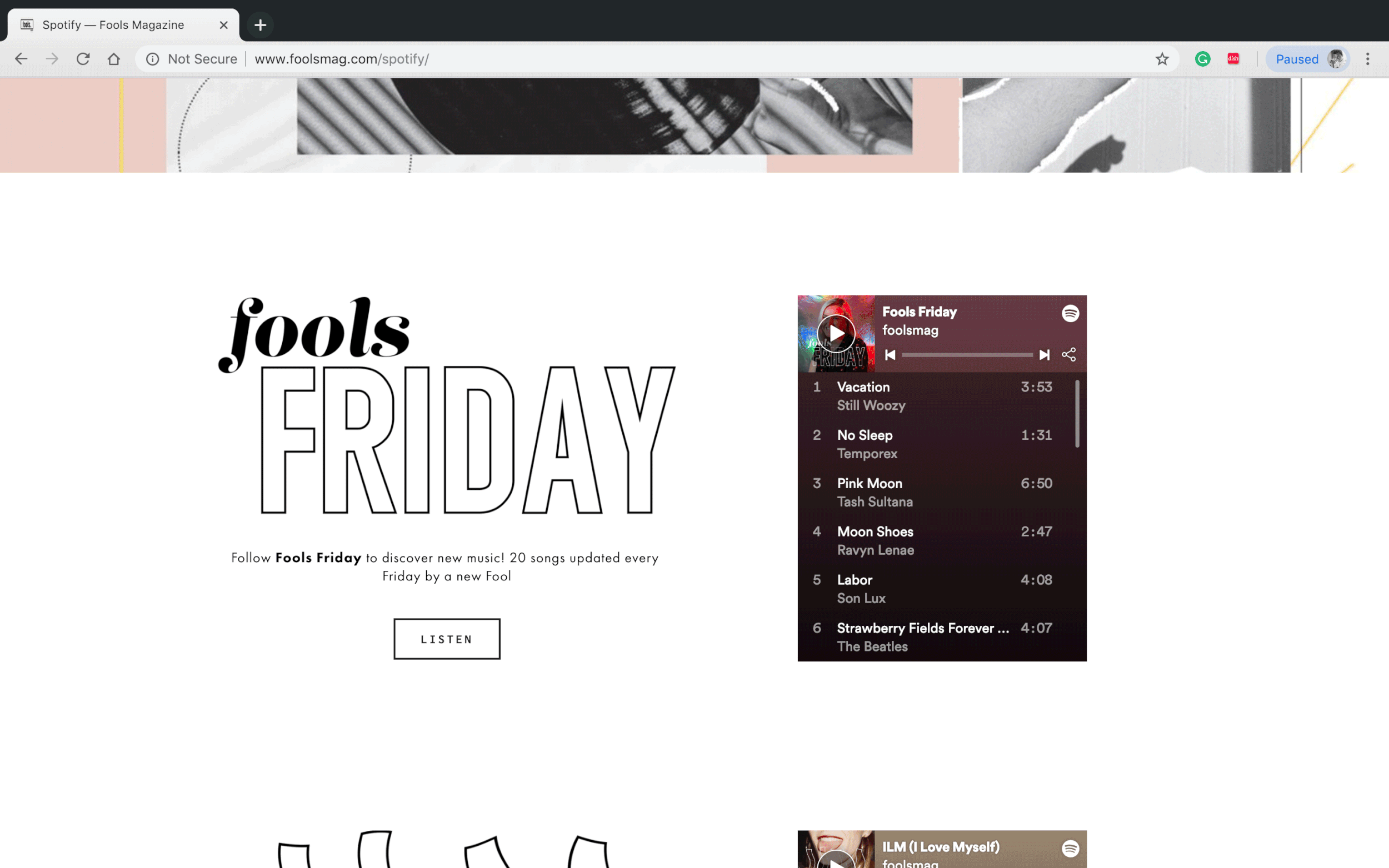   Spotify webpage on foolsmag.com to serve as a home for all playlists.     View webpage here    