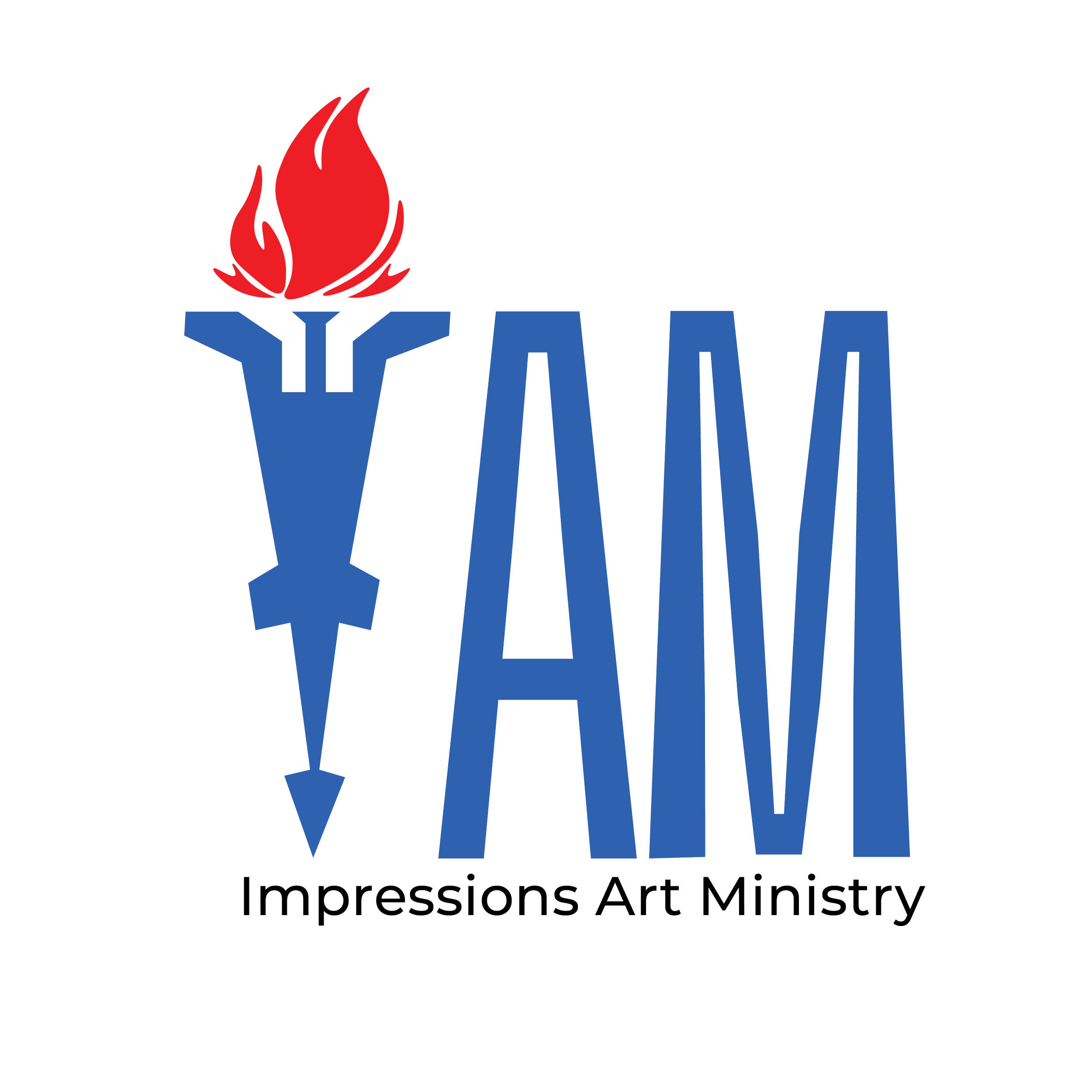 Logo with a stylized blue cross and a red flame on top, the letters 'YAM' in blue, and the text 'Impressions Art Ministry' underneath.