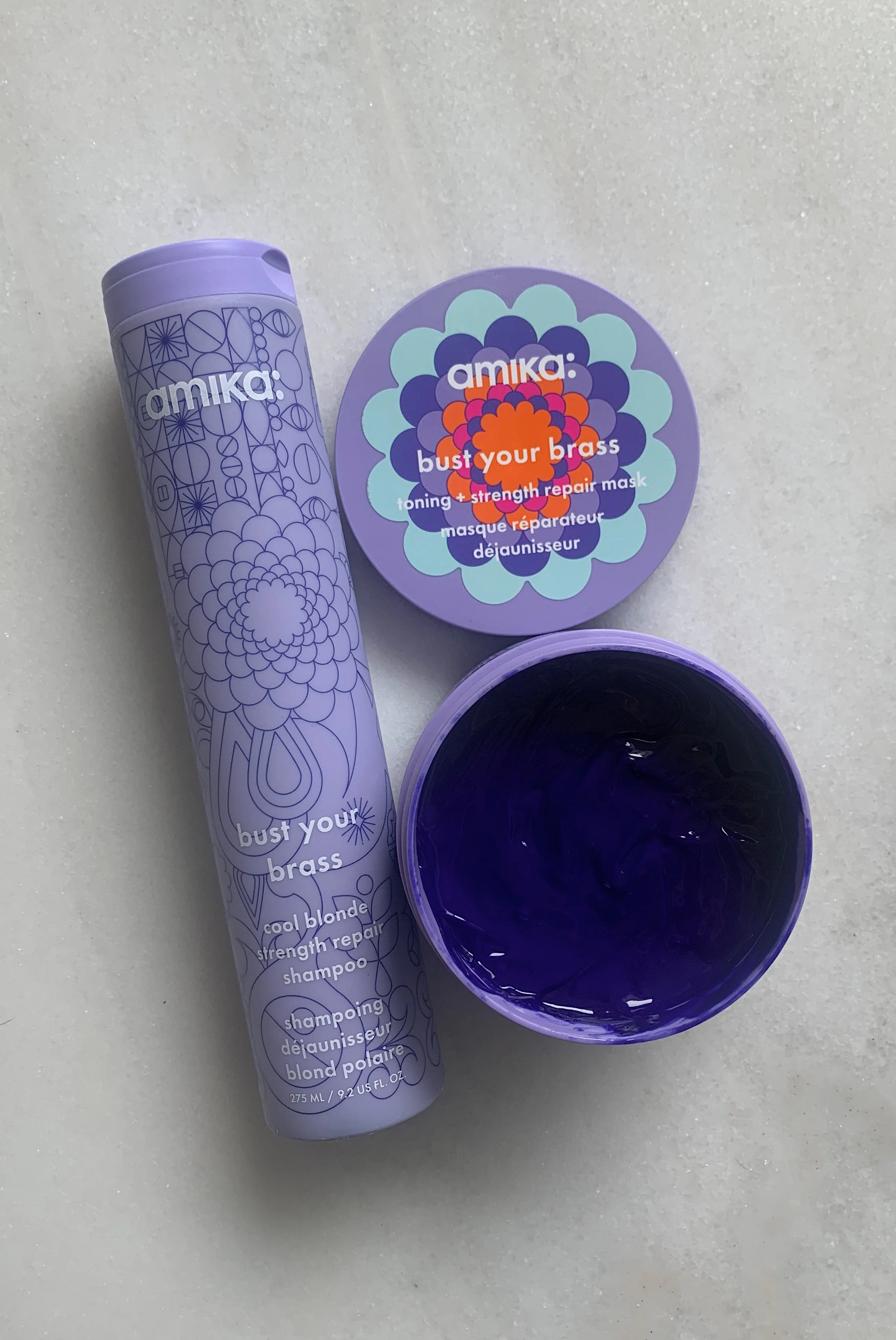 Amika Bust Your Brass Shampoo vs Mask