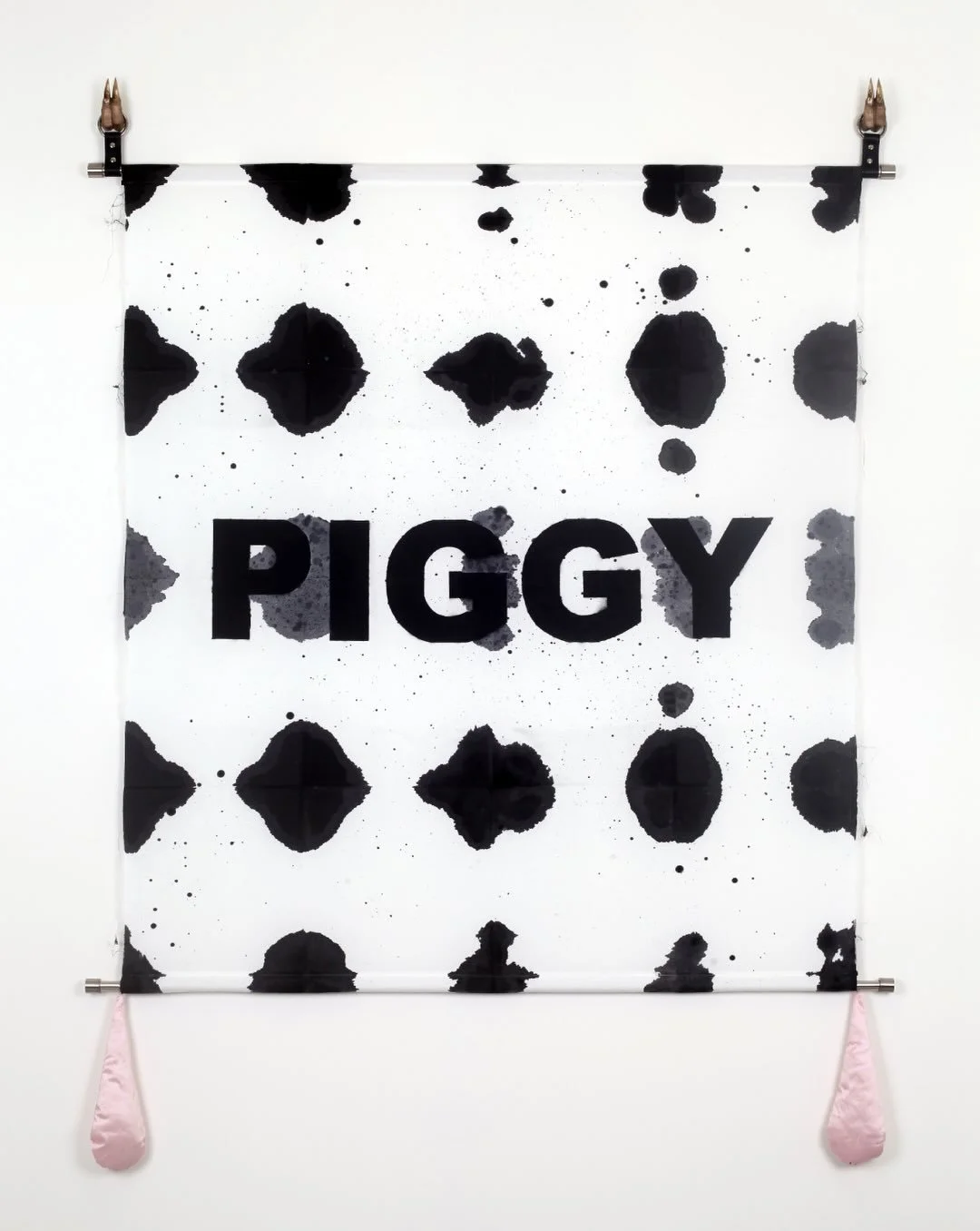 Oink oink 🐷 Final week to see Heavy Leather - closes Saturday 4 July.

Heavy Leather
6 June - 4 July
@syrup.contemporary 
Thu-Sat 11am-4pm

Images:
PIGGY
Deconstructed cotton bedsheet, Chinese ink, spray paint, bronze finger hooks, leather, silk, st