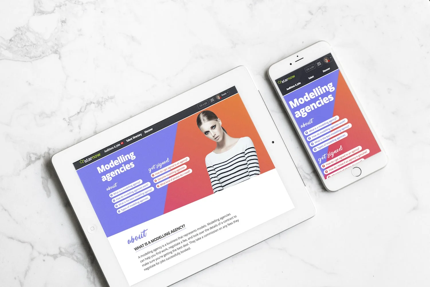We designed two ‘sister’ sites about the modelling industry — 'Modelling Agencies' and 'How to become a Model'. These were SEO (search engine optimised) friendly pages to attract new customers to StarNow's website. We channelled our inner youth to identify with our target audience of mostly Gen Z who had budding interests in modelling. I collaborated with Kalista Campbell, StarNow's Digital Marketing Executive. Front-end development by Rowena Maguire.