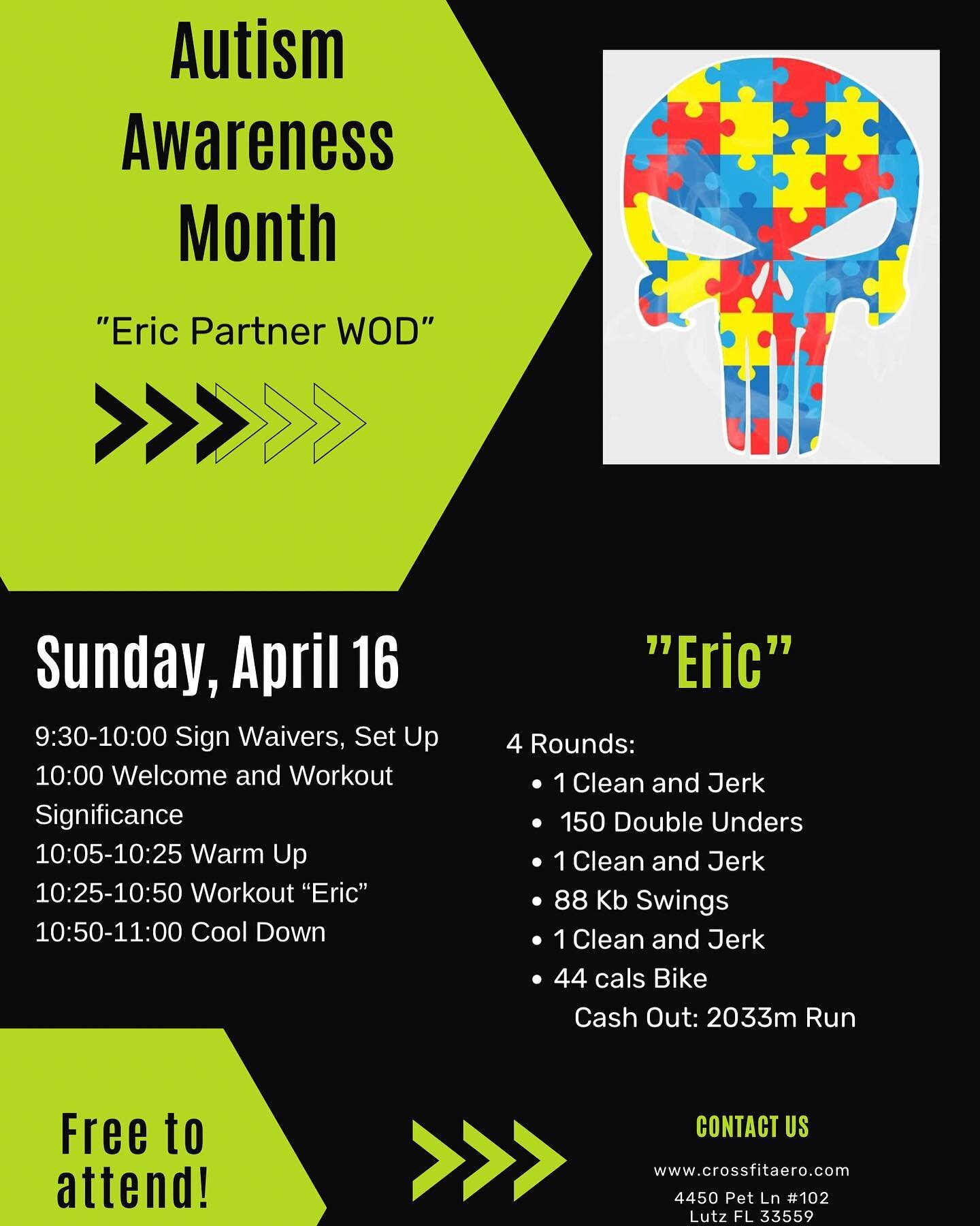 Don&rsquo;t forget about our special partner WOD &ldquo;Eric&rdquo; for Autism Awareness Month. 💙 Thank you @caiti_epic for bringing this special workout to our attention. Come get a great workout in for an even better cause on Sunday, April 16! #cr