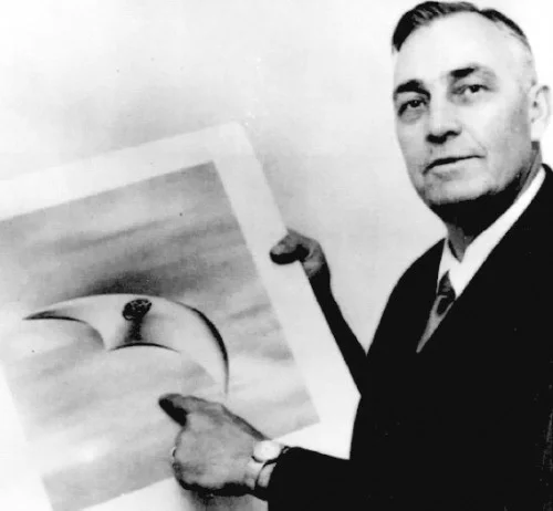 Kenneth Arnold Pictured with the UFO he sighted in the Mount Rainier area