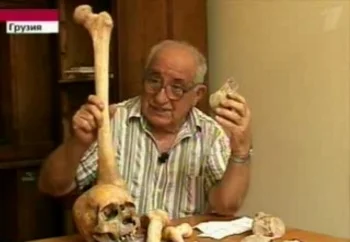 Dr. Vekua holds up giant bones found in Borjormi-Kharagauli National Park in the Georgian Caucasus