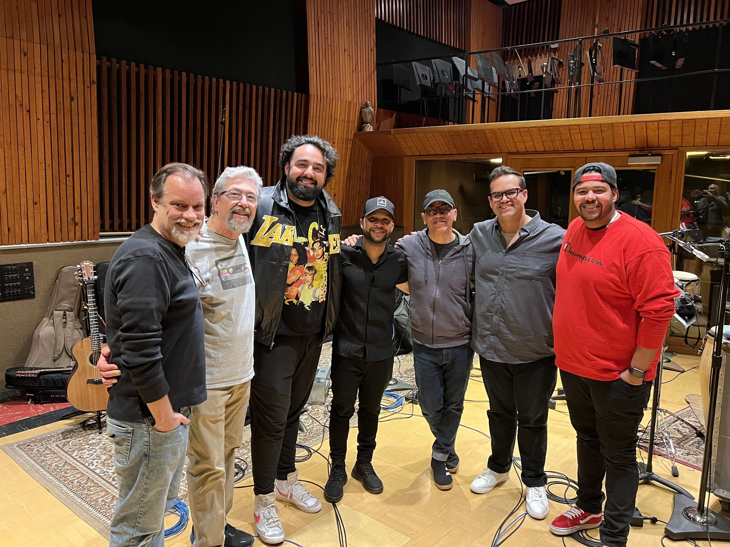 Session at East West Studios Los Angeles. From left to right Steve Genewick, Luis Conte, Mauricio Guerrero Jr, JD Perez, Rickey Minor, Yosmel Montejo