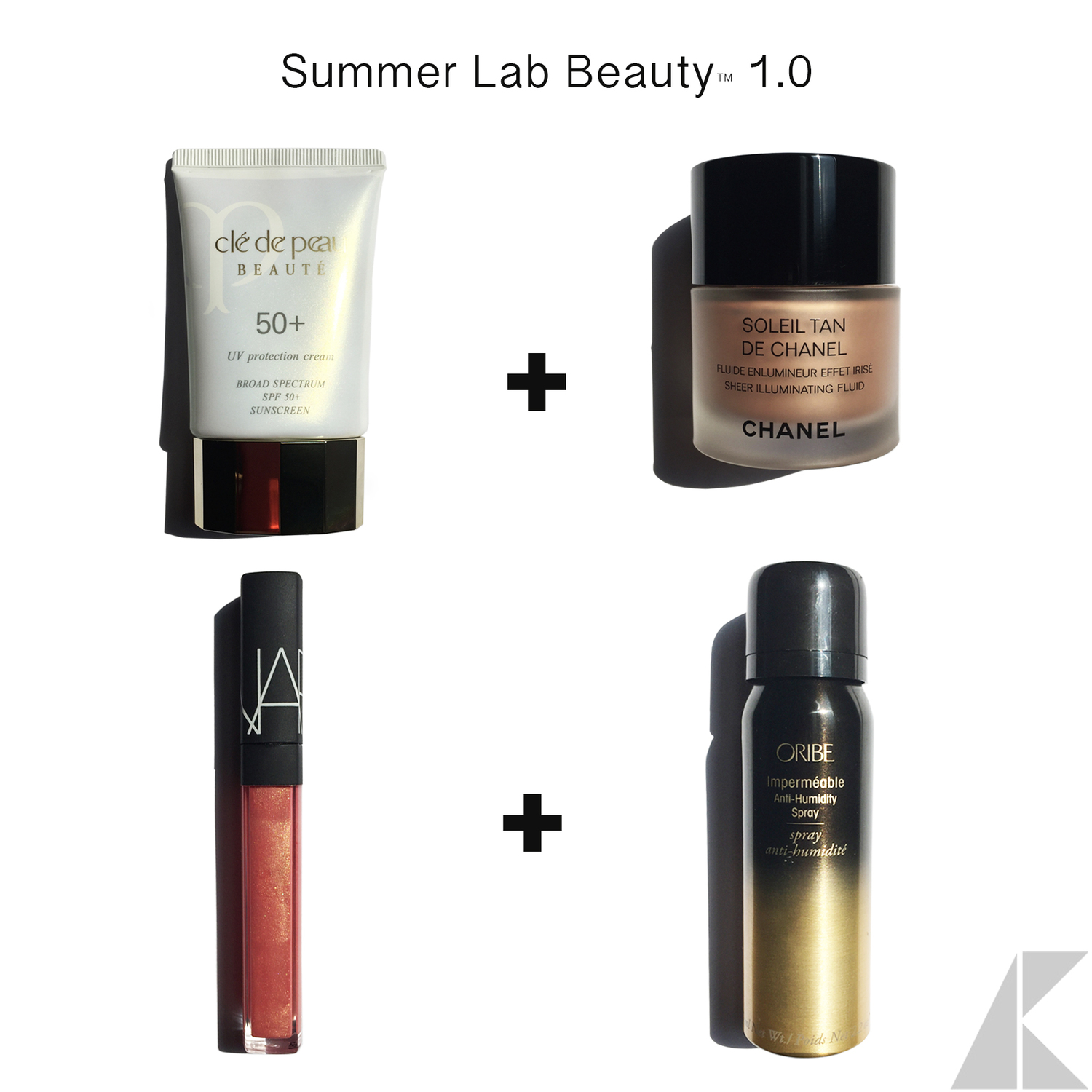   Figure 1- Summer Lab Beauty 1.0 = Items clockwise from top left: Clé de Peau Beauté 50+ UV Protection Broad Spectrum Sunscreen ($120), Chanel Soleil Tan de Chanel Sheer Illuminating Fluid in Sunkissed ($48), Oribe Imperméable Anti-Humidity Purse Sp