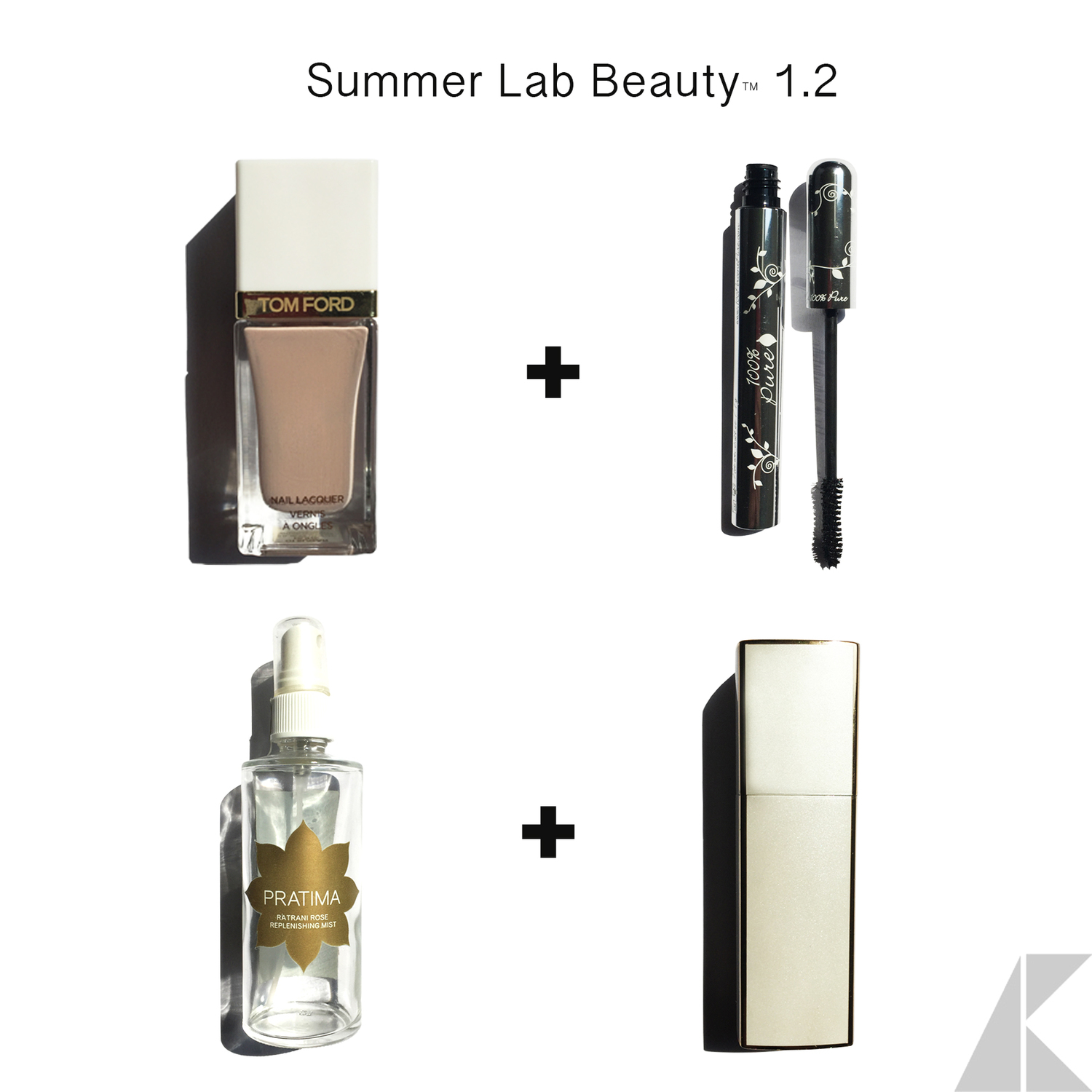   Figure 2- Summer Lab Beauty 1.2= Items clockwise from top left: Tom Ford Nail Lacquer in Sugar Dune ($36), 100% Pure Cosmetics Fruit Pigmented Ultra Lengthening Mascara in Black Tea ($25), Chanel Coco Mademoiselle Eau de Parfum purse twist and spra