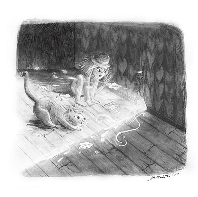 what do you think the detective and it&rsquo;s assistant will find behind the mouse hole and the  crack in the wall?
.
.
day two of monochrome month &ldquo;cat detective&rdquo; by the wonderful @saoirselouscribbles and @ruthhammondillustration .
.
It