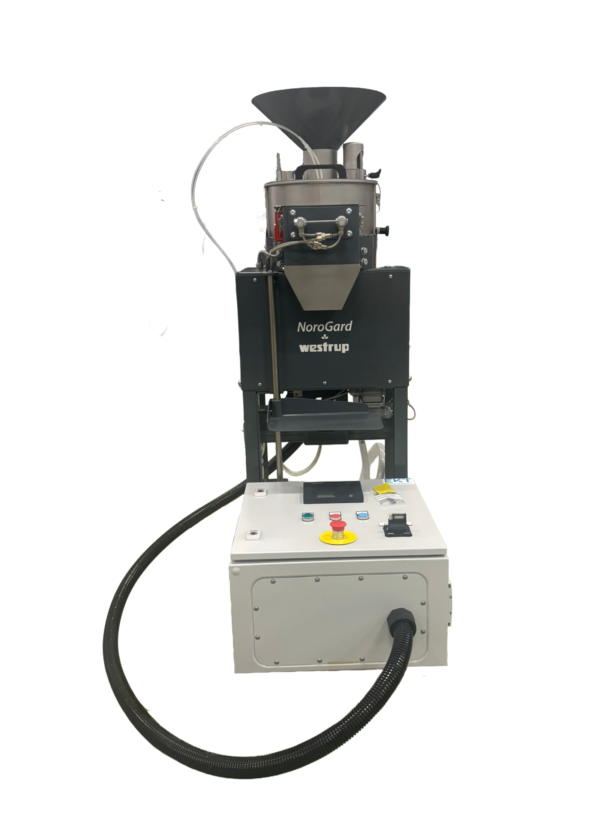 Industriemaschine mit der AufschriftNoroGard undwestrup, mit Bedienfeld, angeschlossen an einen schwarzen Schlauch, zur Verarbeitung oder Fertigung.