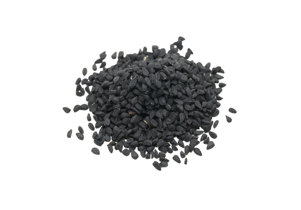A pile of black sesame seeds on a dark surface.