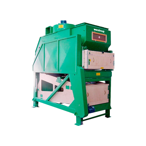 Grüne Industriemaschine mit Metalltüren und einer digitalen Anzeige oben, mit der AufschriftWestrup“, die zur Verarbeitung oder Fertigung verwendet wird.