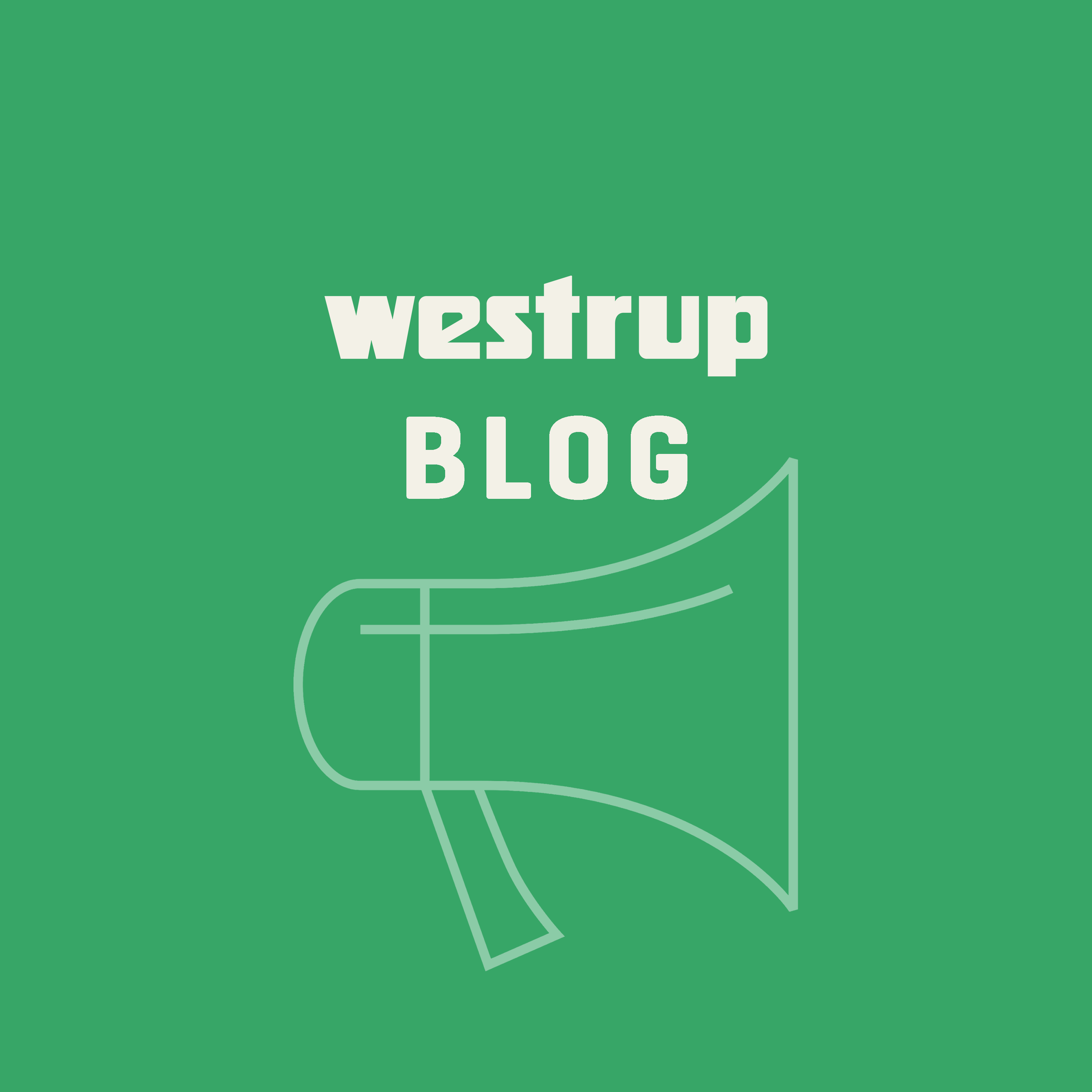 Зелёный фон с белым текстомWestrup и силуэтом рупора.