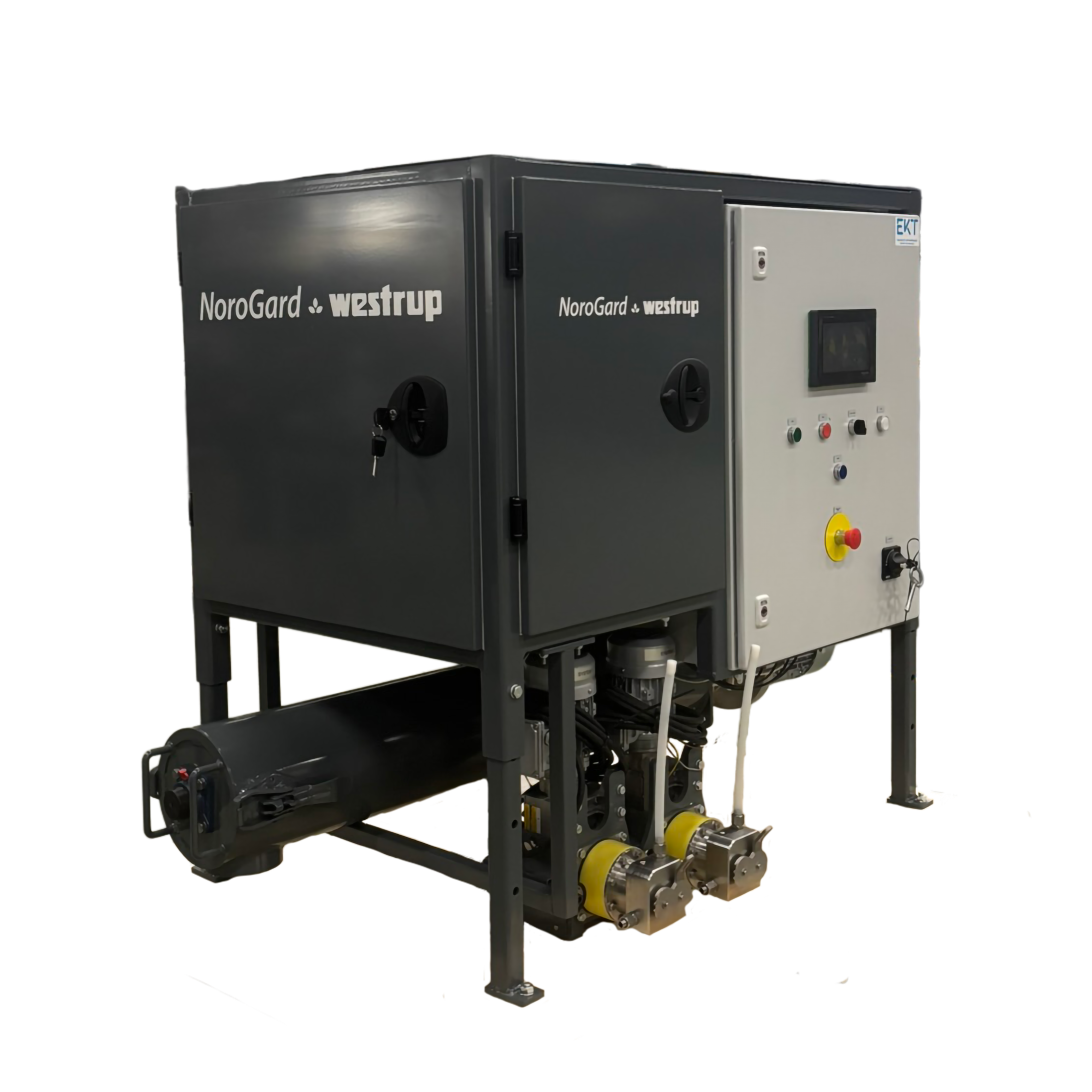 Industrielles Wasserfilter- oder Aufbereitungssystem mit Schalttafel, Rohrleitungen und motorisierten Komponenten, beschriftet mitNoroGard undWestrup“.