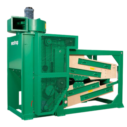 Industriemaschine mit grünem Rahmen und beigem Förderband- oder Verarbeitungsbandsystem, vermutlich für die Fertigung oder den Materialtransport bestimmt.