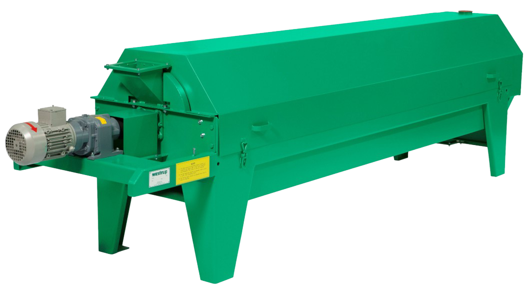 A large green industrial machine with a cylindrical body and motor at one end, used for processing or manufacturing.