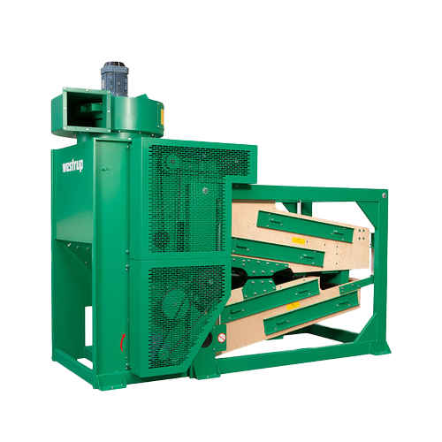 Grüne Industriemaschine mit mehreren beweglichen Teilen und einem Motor oben drauf.