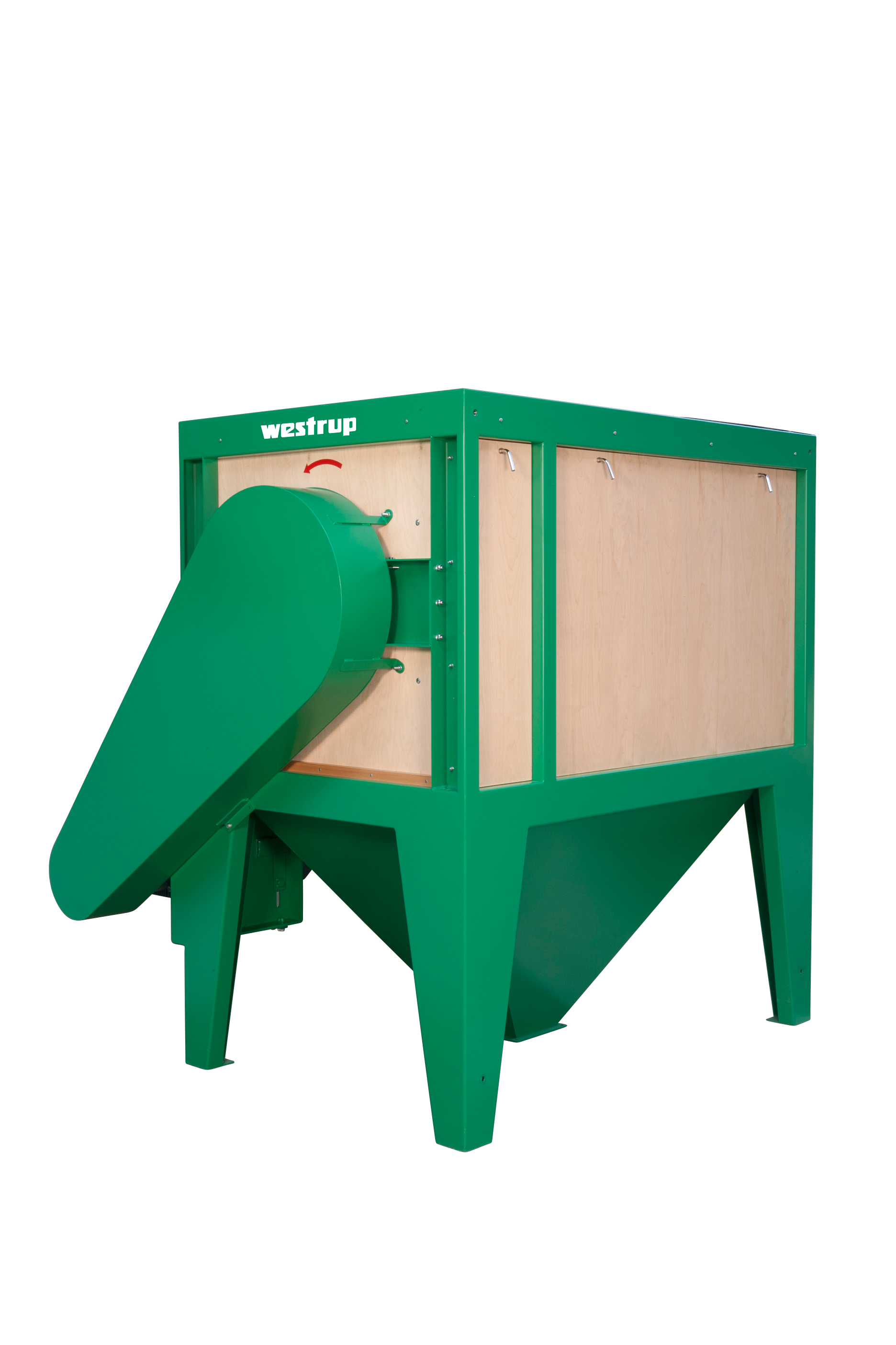 Green wood chipper with a large chute and a wooden panel frame, labeled 'Westrup' on the top.