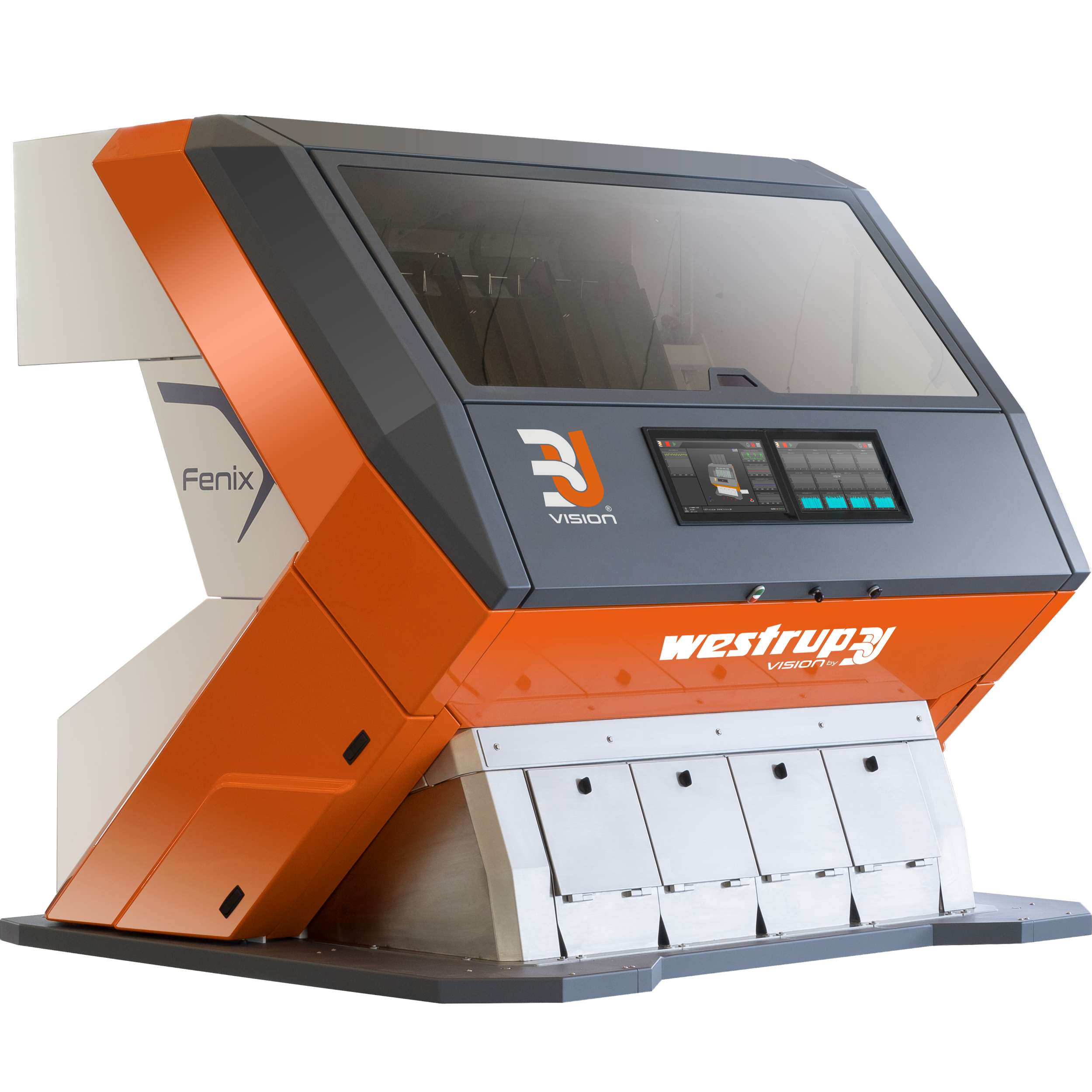 Машина для складывания и склеивания коробок Westrock RJ Vision, окрашенная в оранжевый, серый и белый цвета, используемая в производстве упаковки.