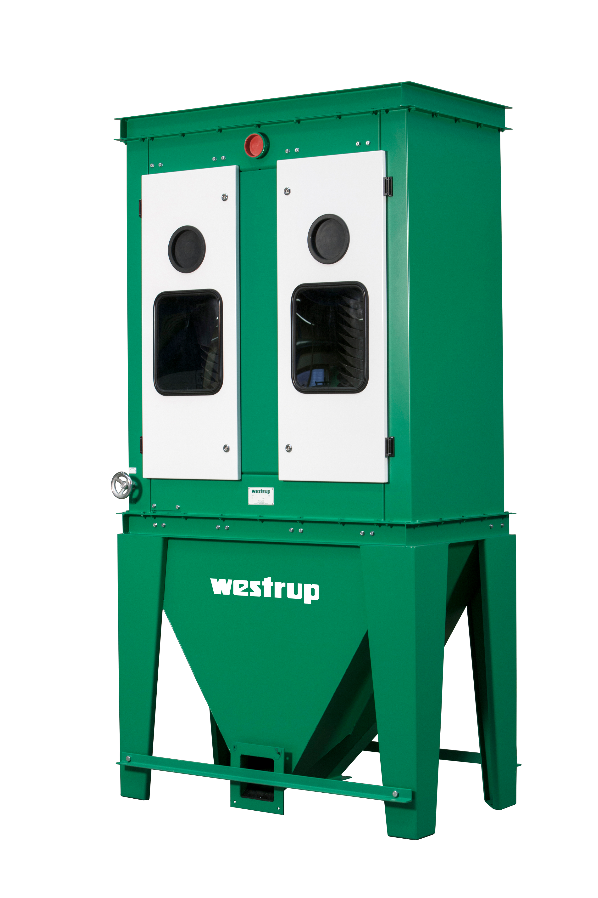 A green industrial dust collector named Westrup with white doors and circular filters.
