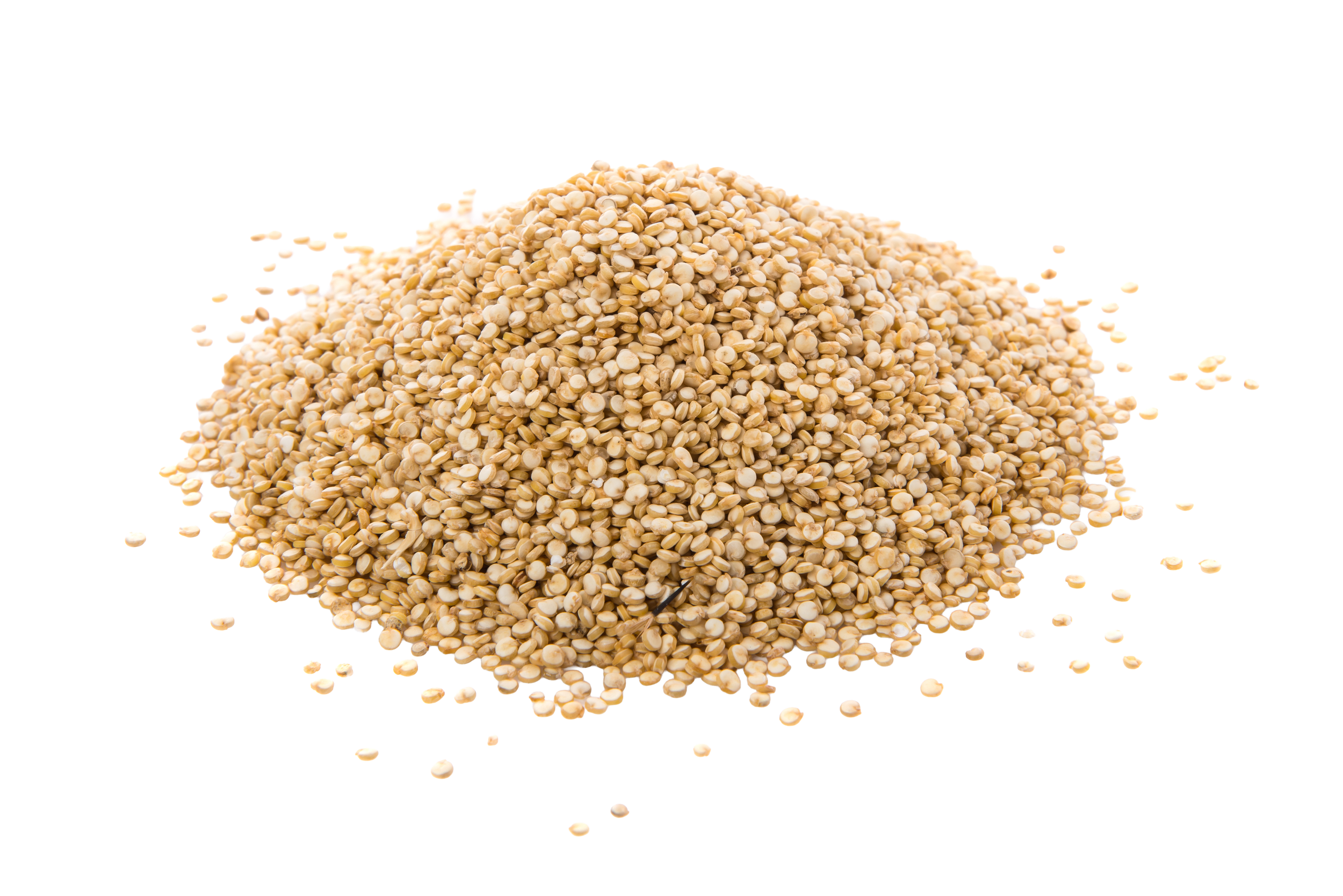 Pile of dried sesame seeds on a white background