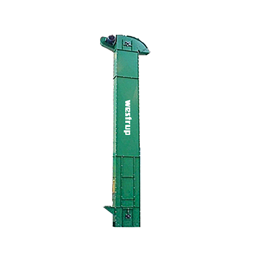 A green crane with the words 'WESTRUP' printed vertically on its side, positioned against a black background.