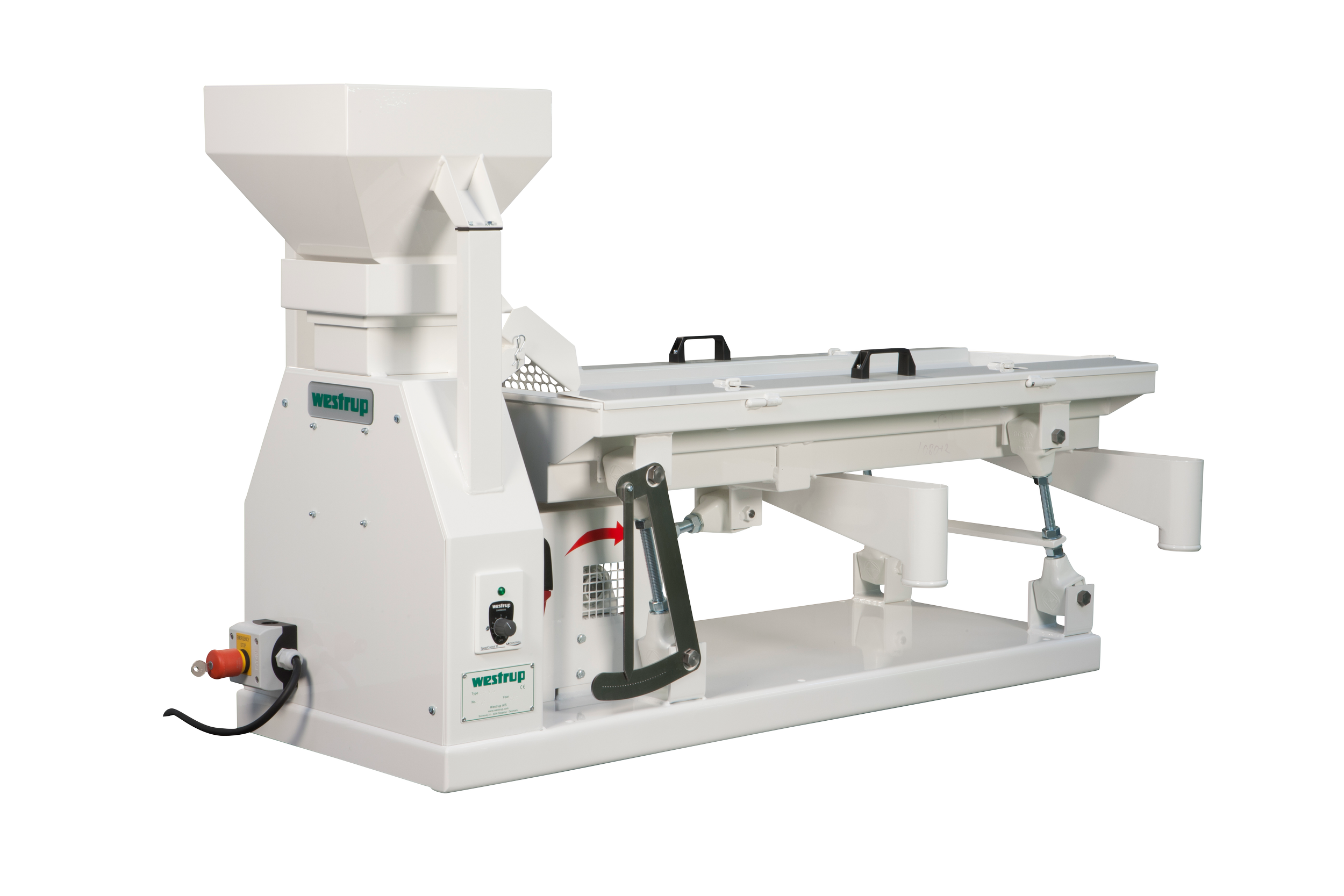 Белая промышленная пила с большим загрузочным бункером и регулируемыми настройками для точной резки.