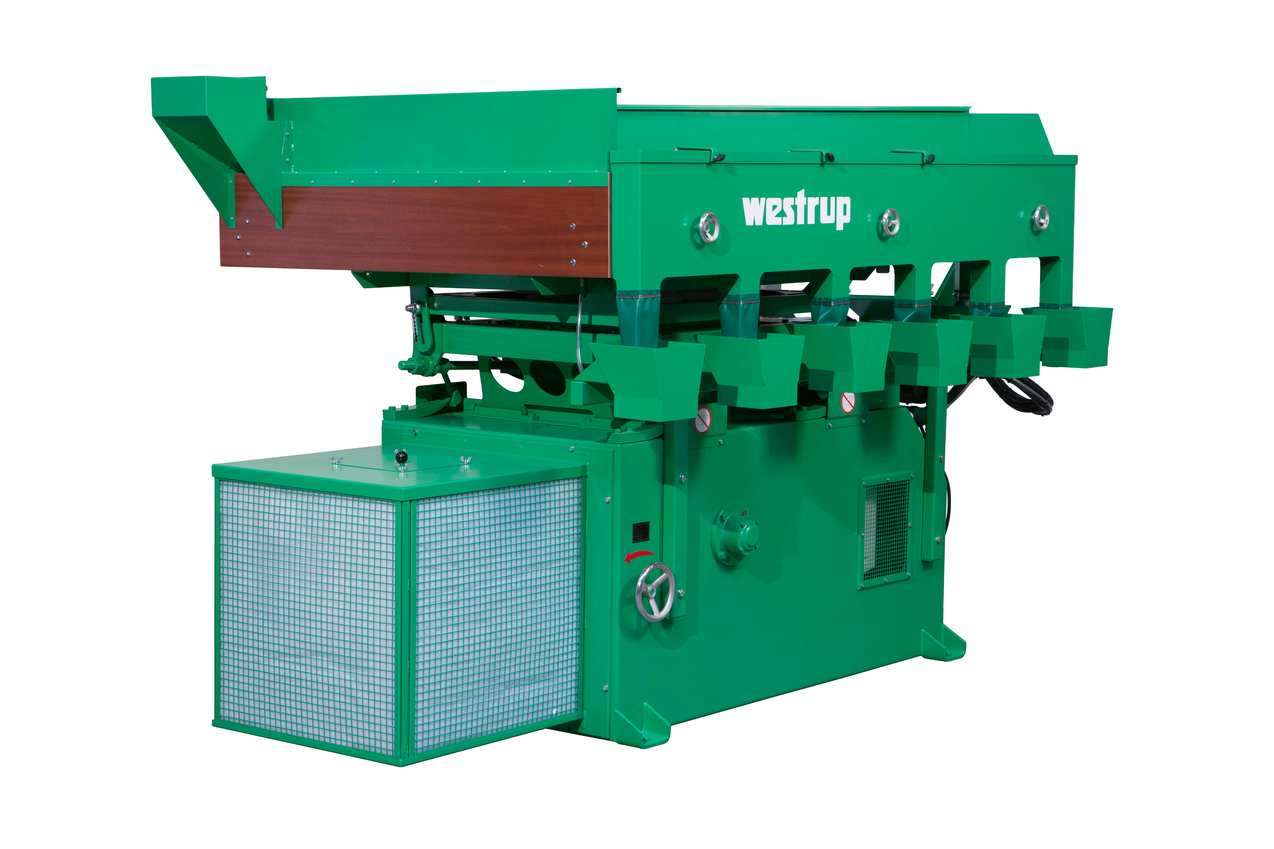 Green industrial machine with the label 'westrup' on it, featuring multiple chutes and a control wheel.