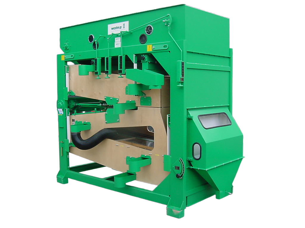 Industrial woodworking machine with green frame and beige components, including a large black flexible hose for dust extraction.