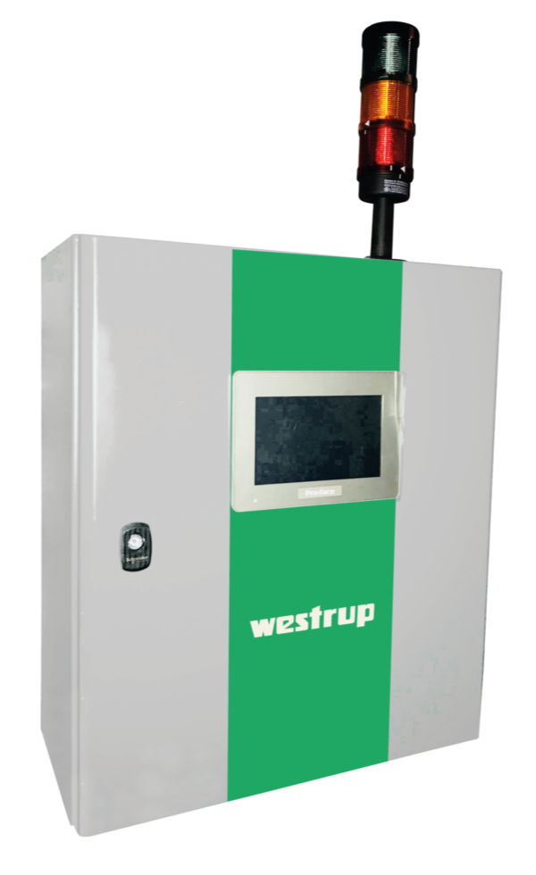 Ein grau-grüner Schaltschrank mit Digitalanzeige, einem Schlüsselloch und einer Warnleuchte auf der Oberseite, die rote, gelbe und grüne Lichter anzeigt.