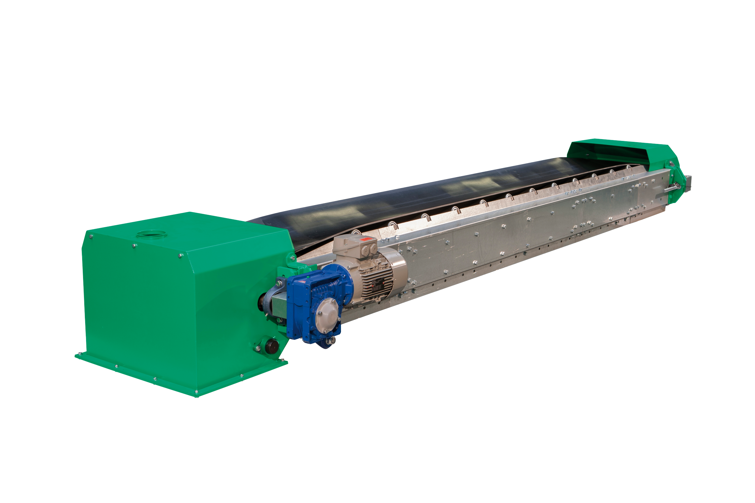Industrial machine with green, blue, and metallic components with a long black roller.