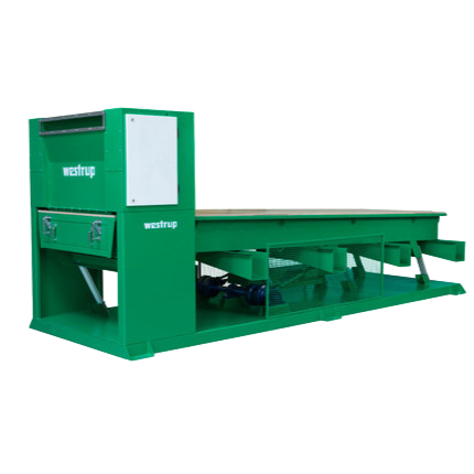 Industriemaschine mit Förderband und Bedienfeld, mit der Aufschrift „westrup“.