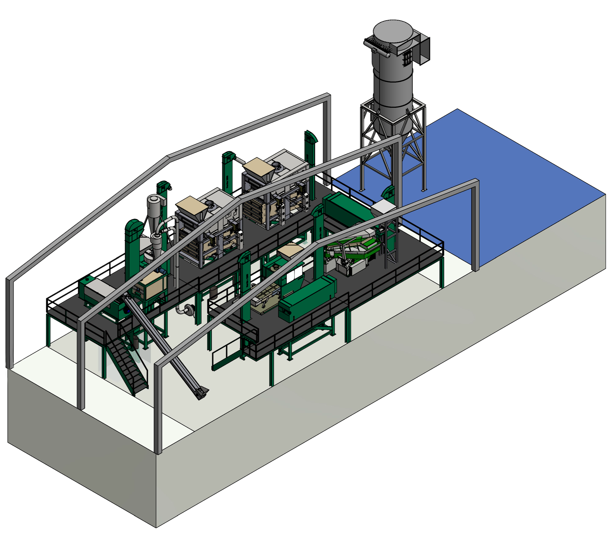 Isometric illustration of an industrial factory with interconnected machinery, conveyor belts, and storage tanks.