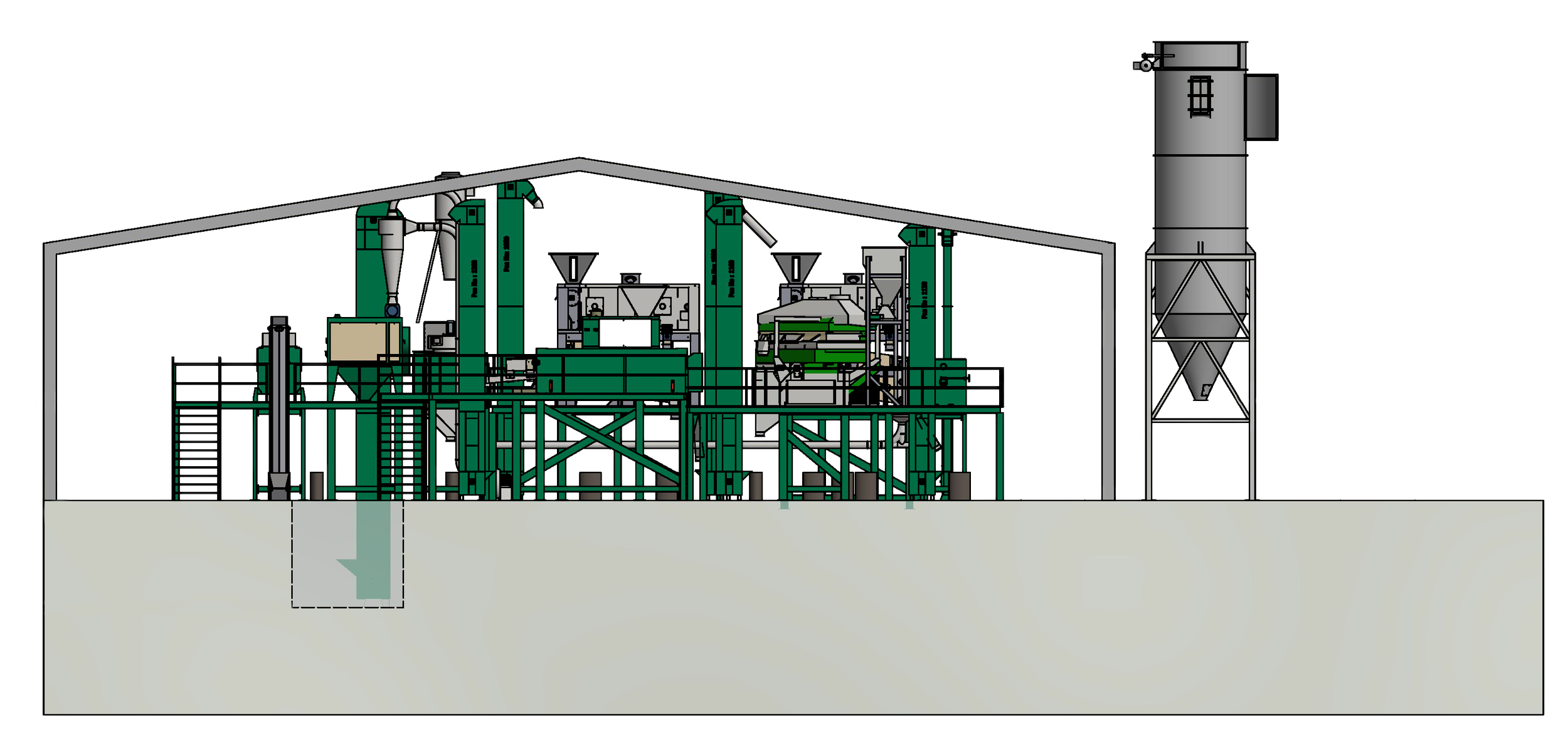 Diagram of industrial machinery inside a building, including large vertical tanks, chutes, and a silo on the right side.