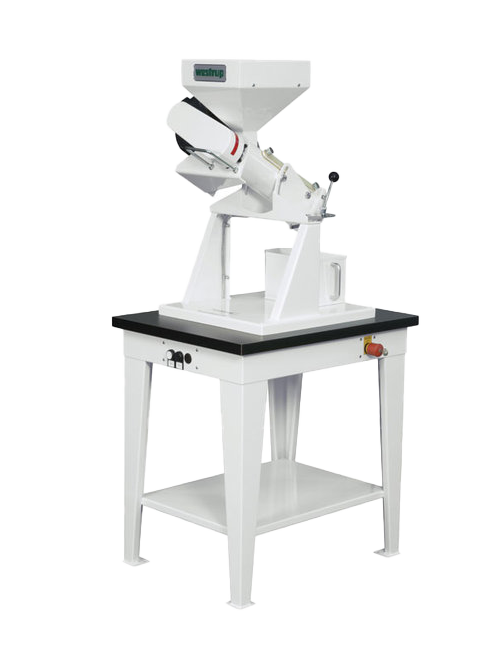 Industrial machine with a white body and black top surface, mounted on a white stand with a lower shelf, used for manufacturing or processing.