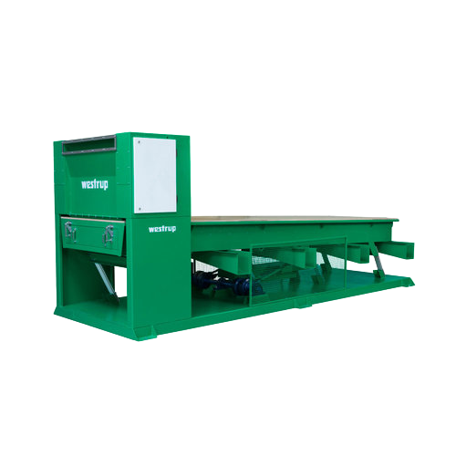 Grüne Industriemaschine mit der AufschriftWestrup“, ausgestattet mit einem flachen Förderband und Metallkomponenten.