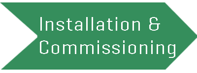 Green arrow-shaped sign with white text that reads "Installation & Commissioning"