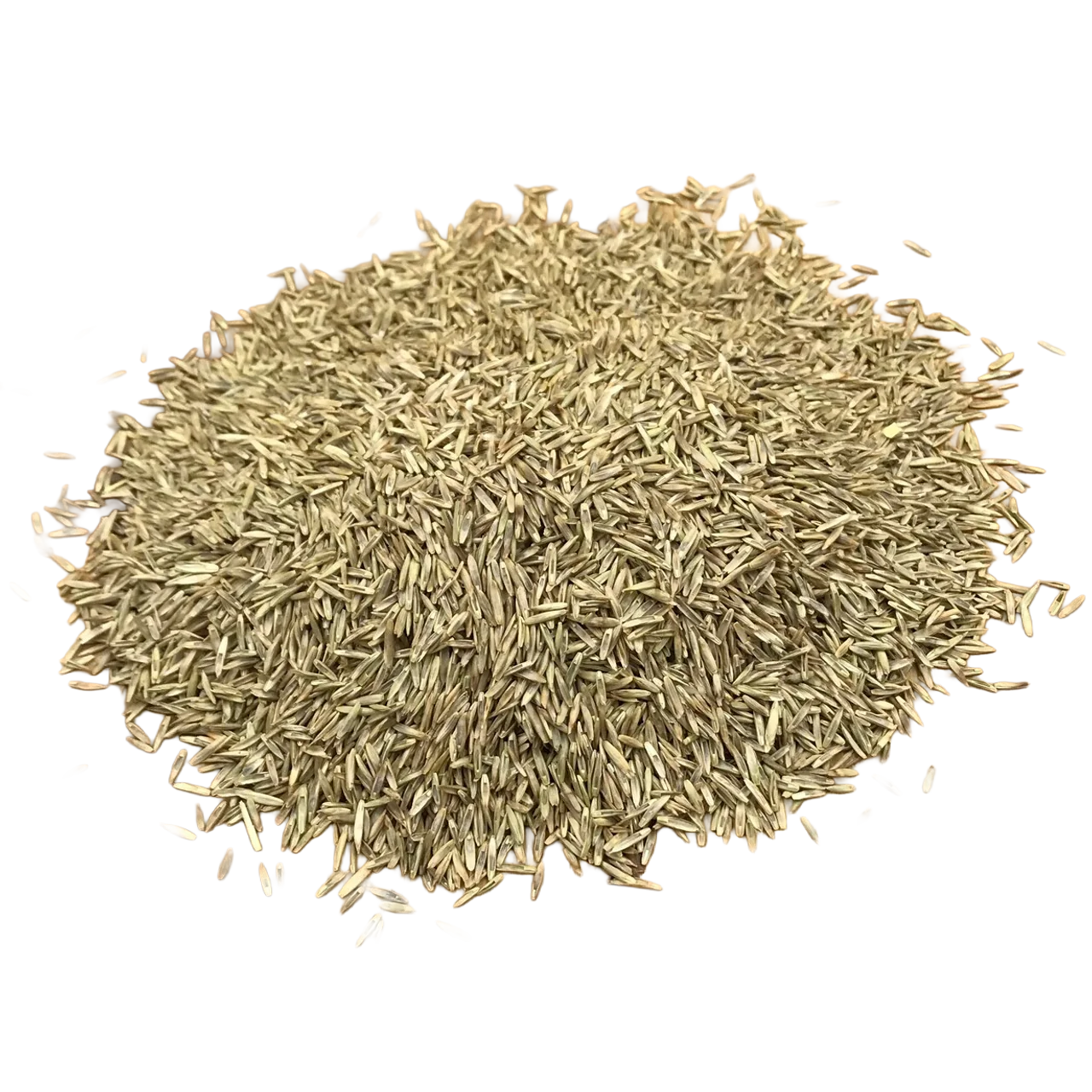A pile of dried cumin seeds on a white background.