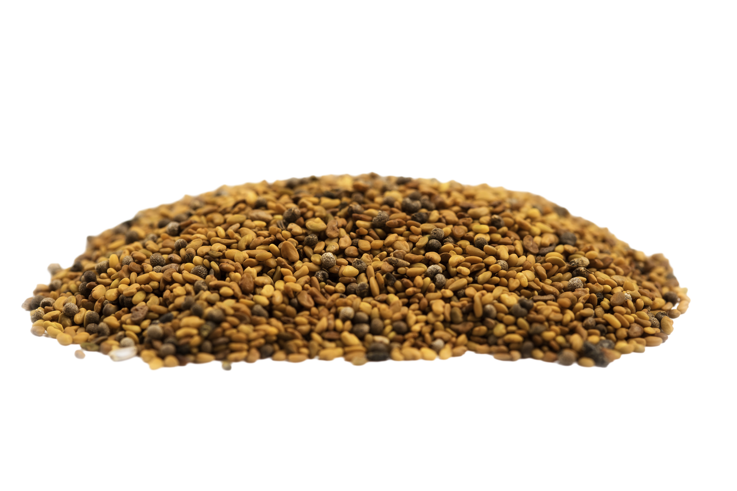 Close-up of a mound of assorted sesame seeds, including black, white, and yellow sesame seeds.