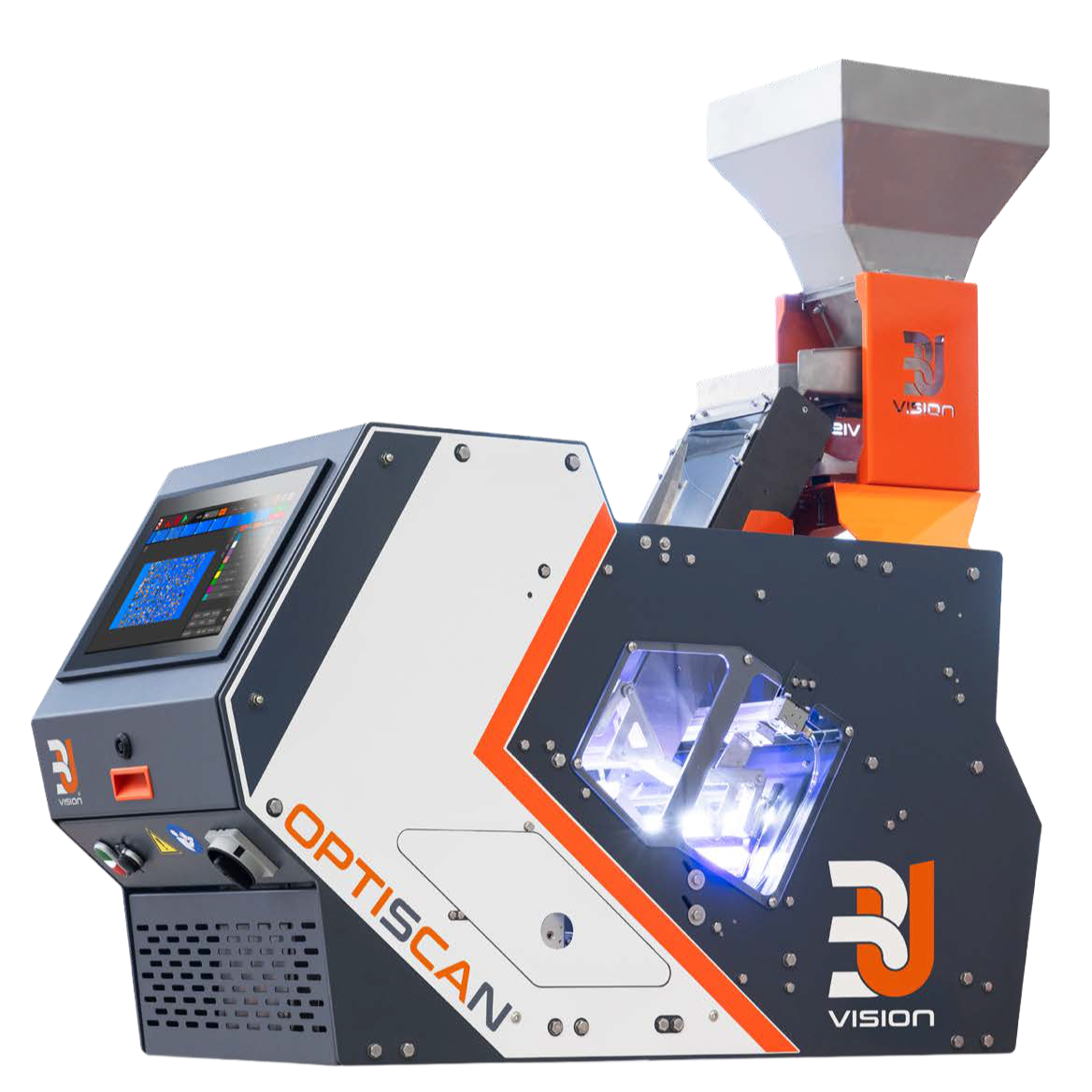 Ein kompakter industrieller Tischscanner mit einem kleinen Touchscreen-Display, versehen mit den Markenzeichen „OPTSCAN“ und „RJ VISION“, mit einem Metallgehäuse mit orangefarbenen und schwarzen Akzenten sowie einem transparenten, mit weißem Licht beleuchteten Fach.