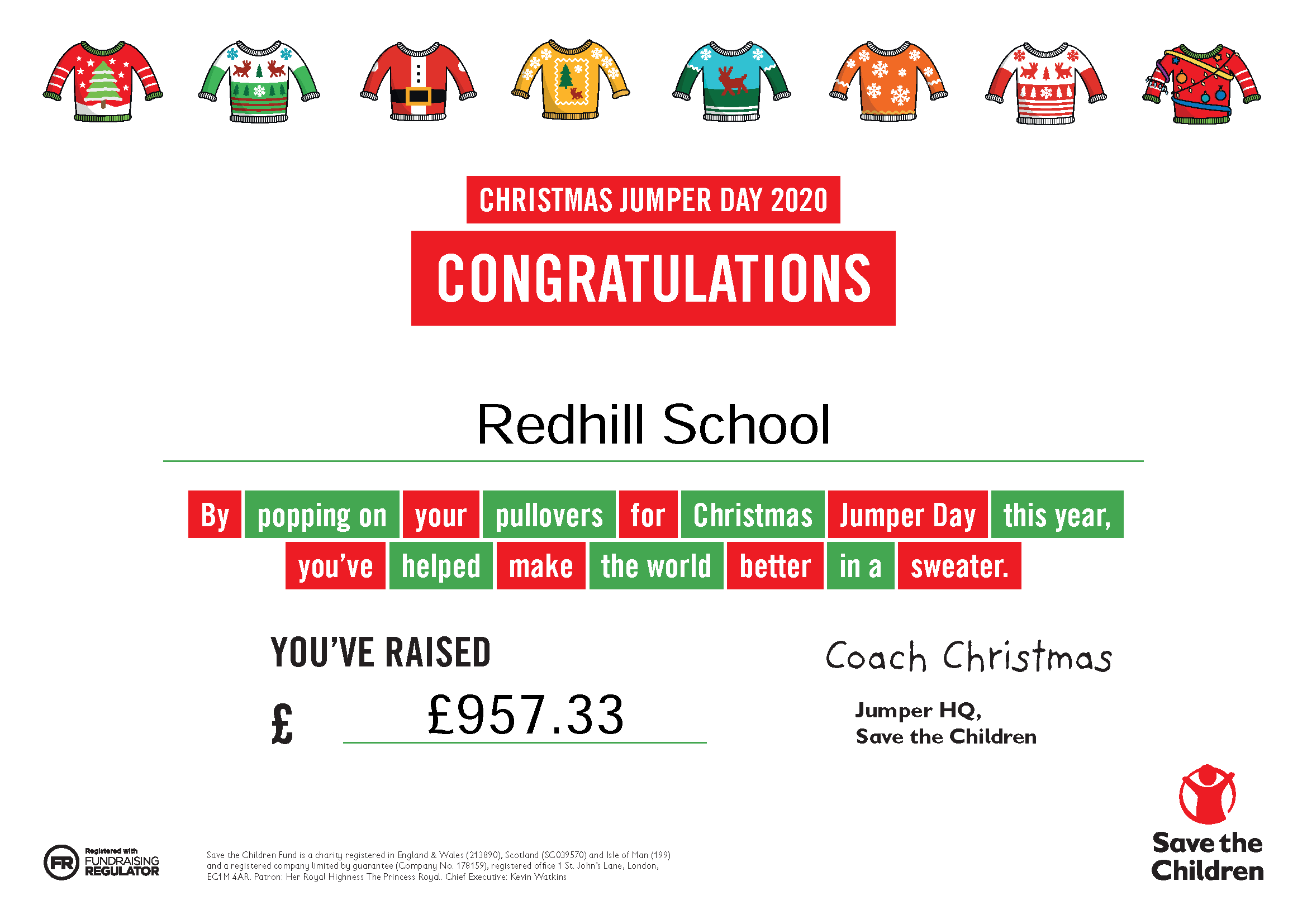 £957.33 Raised During Redhill's Christmas Jumper Day 