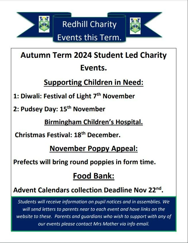 Upcoming Charity Events - Autumn Term 2024