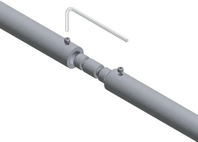 Diagram of a pipeline with connecting fittings, screws, and a wrench.