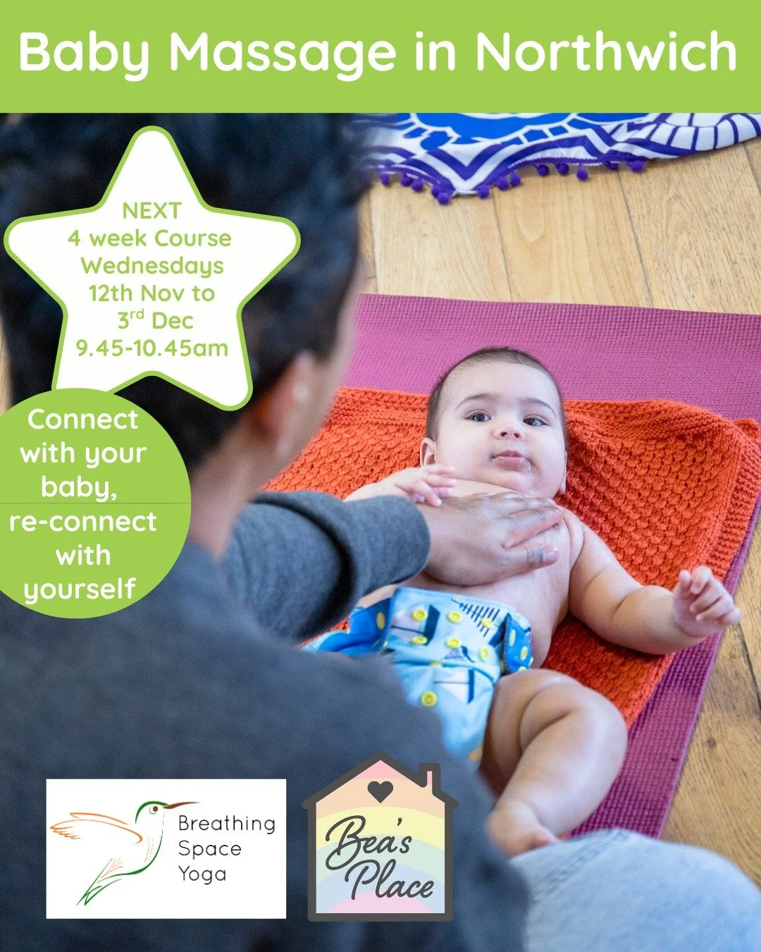 💚Baby Massage in Northwich - at Bea's Place Play Cafe, 54-56 High Street, Northwich, CW9 5BE @beasplaceuk 
9.45-10.45am  Wed 12th Nov - 3rd Dec : 4 weeks &pound;48
Book at link in bio
Includes on-demand access to 5 video tutorials

Suitable from app