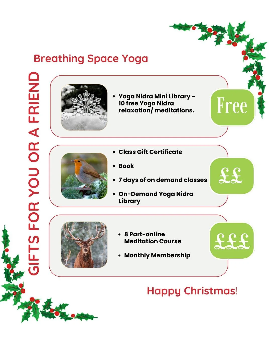 🎁Yoga Christmas Gift Ideas from me!  Add to your Christmas list or gift to someone you love &ndash; support a small business and your well being! 

🎁 FREE GIFT - Yoga Nidra Mini Library - 10 free Yoga Nidra  relaxation/ meditations. 
Why not give o