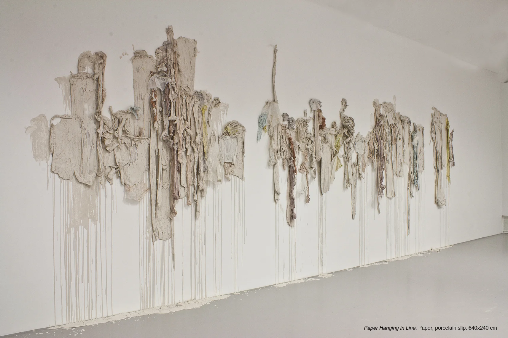   Paper Hanging in Line.  Length 6 meter. Paper, stains, colour powder, clay.  Seilduksgalleriet, Oslo 