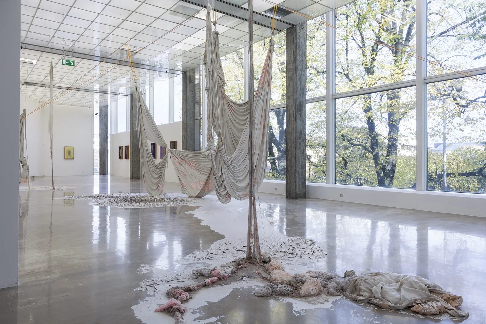   Porcelain Piece.  2014. Height 6 meter. Clay, textile, rope, pulleys.   From the exhibition Game of Life II. Knust i offentlig rom. Kristiansand kunsthall.  