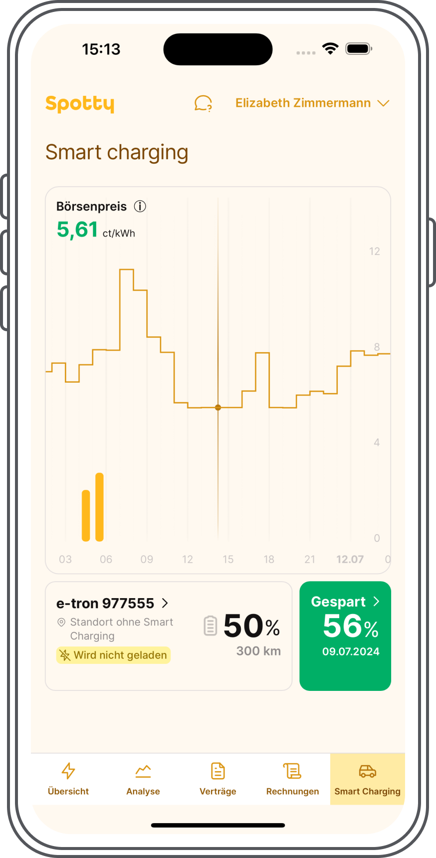 Spotty App – Smart Charging Ansicht mit Börsenpreis, Fahrzeug und Ersparnis