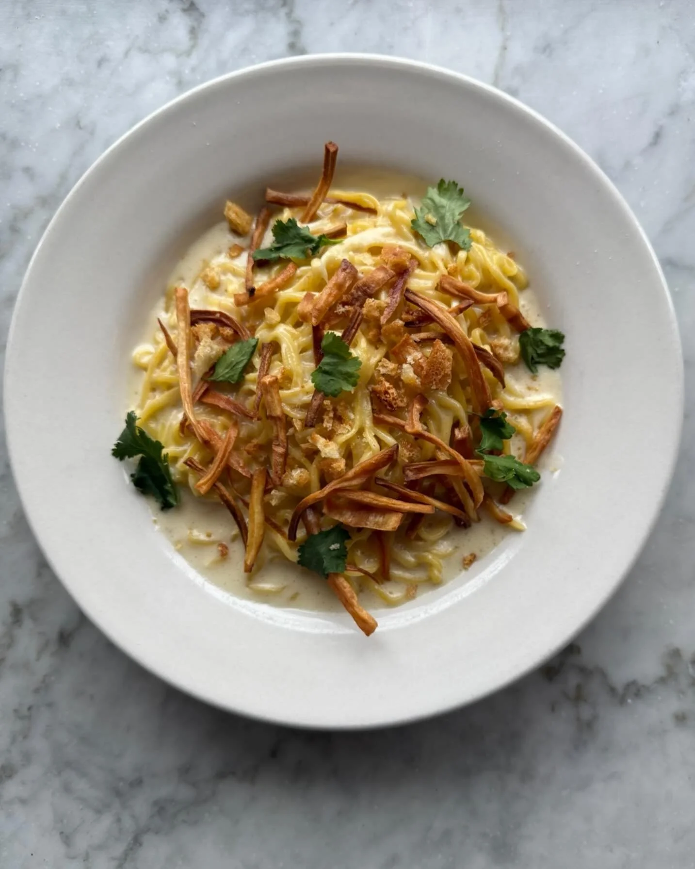 I know not everyone welcomes fall weather but there are consolations even for those of you who have that aversion to the chilly air- case in point, this silky spaghetti preparation with a fontina cream sauce and crispy parsnips, from @stillsando! Ele